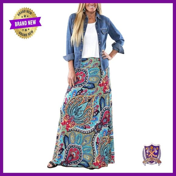 Dresses & Skirts - Long Maxi Skirt Elastic Waist Bohemian Print Lightweight Casual